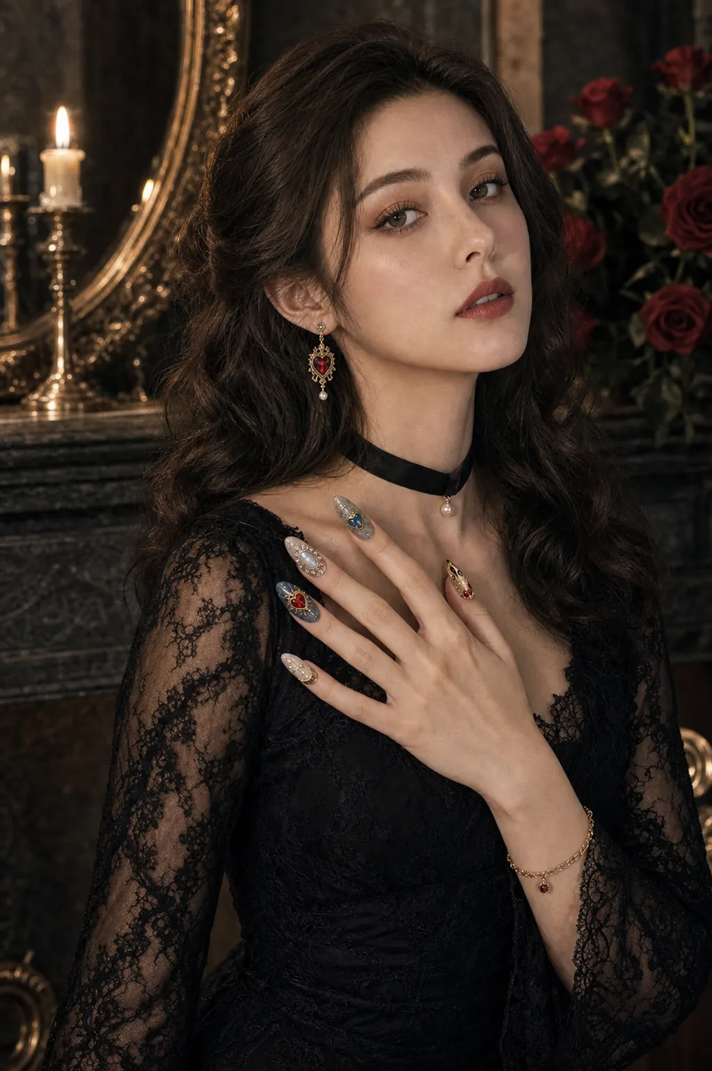 Model wearing ornate jewel press-on nails with black lace and candlelit baroque styling