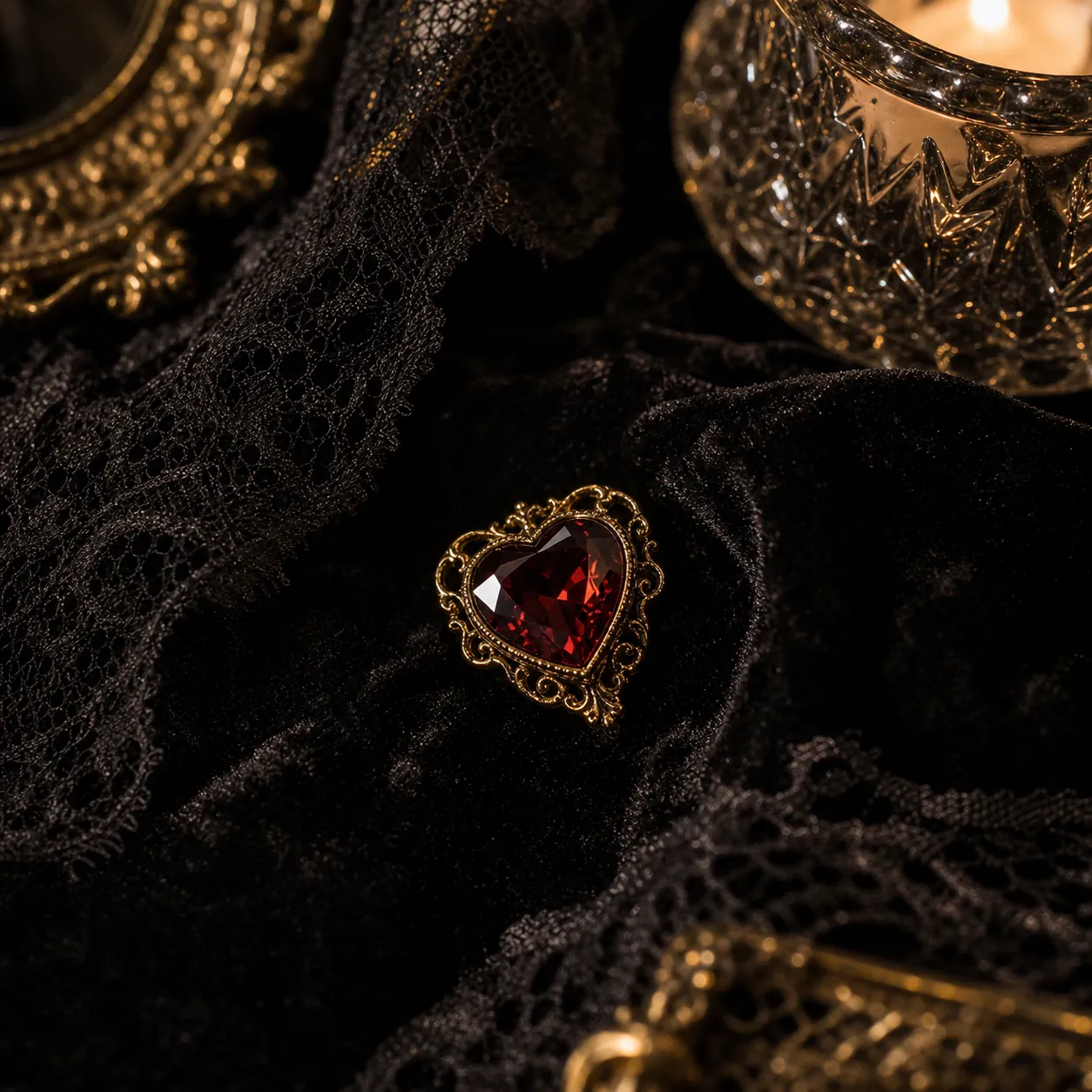 Heart-shaped red garnet jewel on black lace and velvet