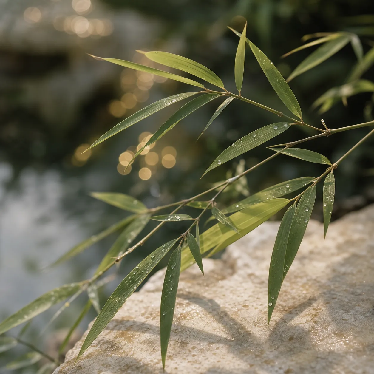 Dew-covered bamboo leaves
