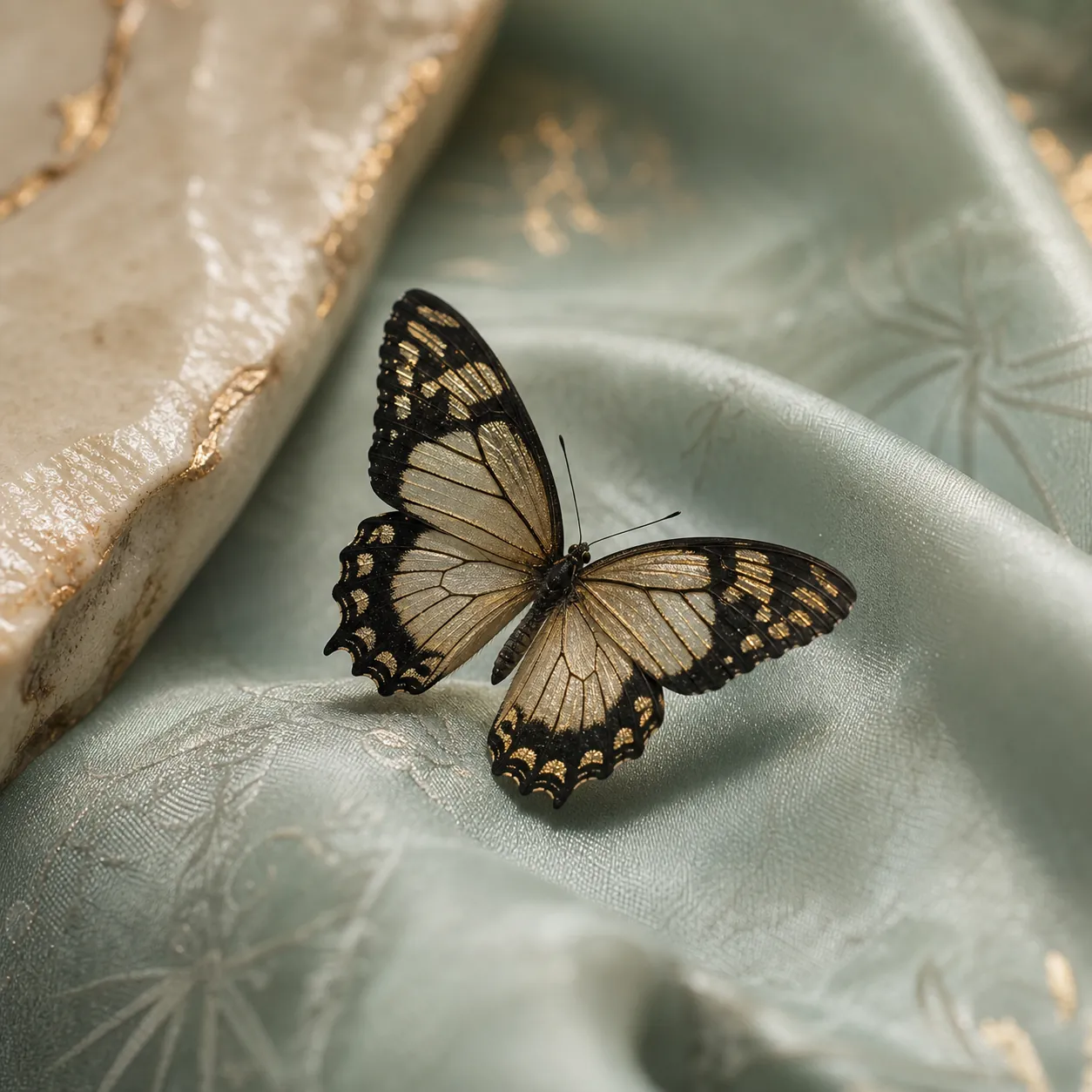 Gold and black butterfly resting on pale jade silk