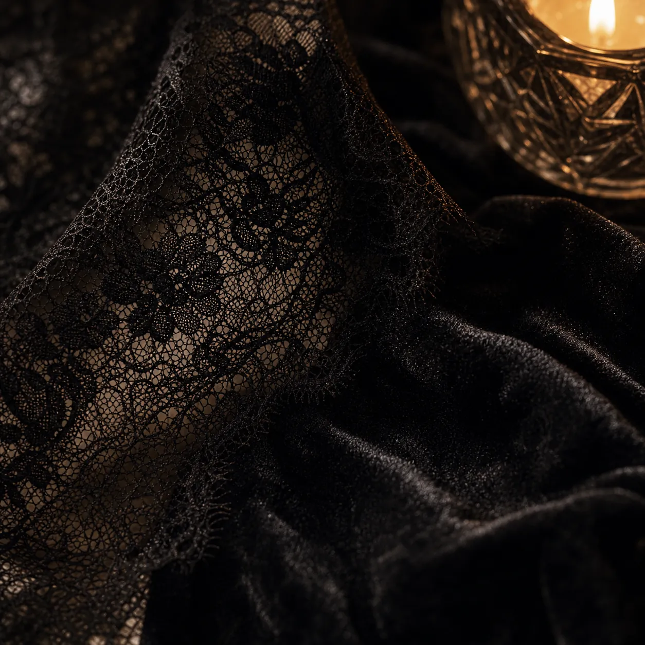 Black lace veil over dark velvet beside candlelight