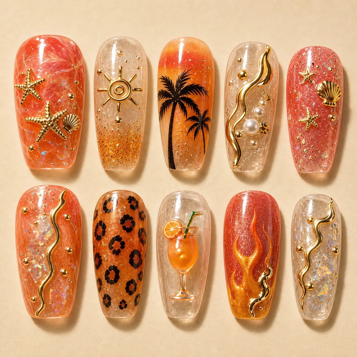 Heat Wave Coast press-on nail set with coral orange, palm silhouettes, gold linework, leopard print, shells, and flame motifs.