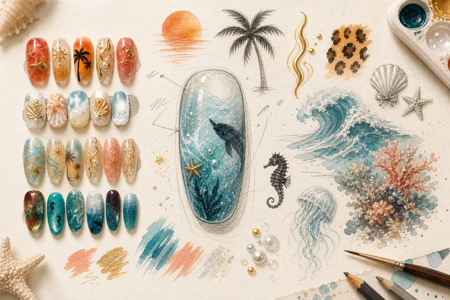 Lumi's hand-drawn inspiration board with nail sets, sunset, palm, waves, coral, sea creatures, shells, pearls, and color swatches.