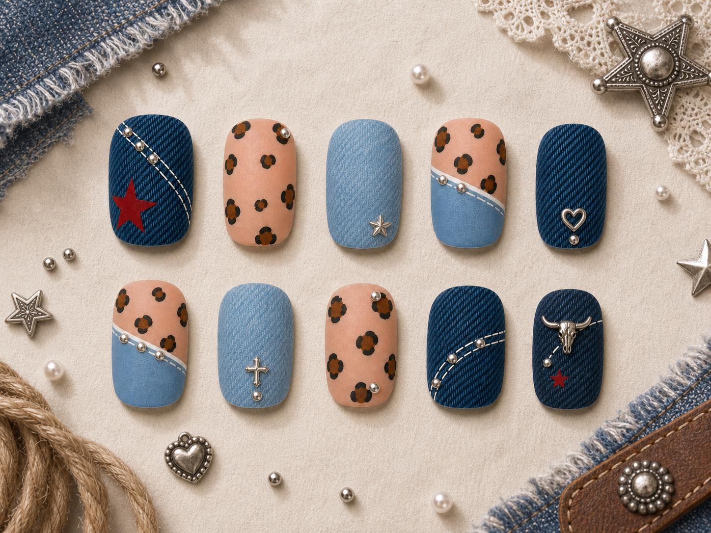 Rounded-square western cowgirl press-on nails with denim texture, leopard print, red star, silver charms and stitch details.