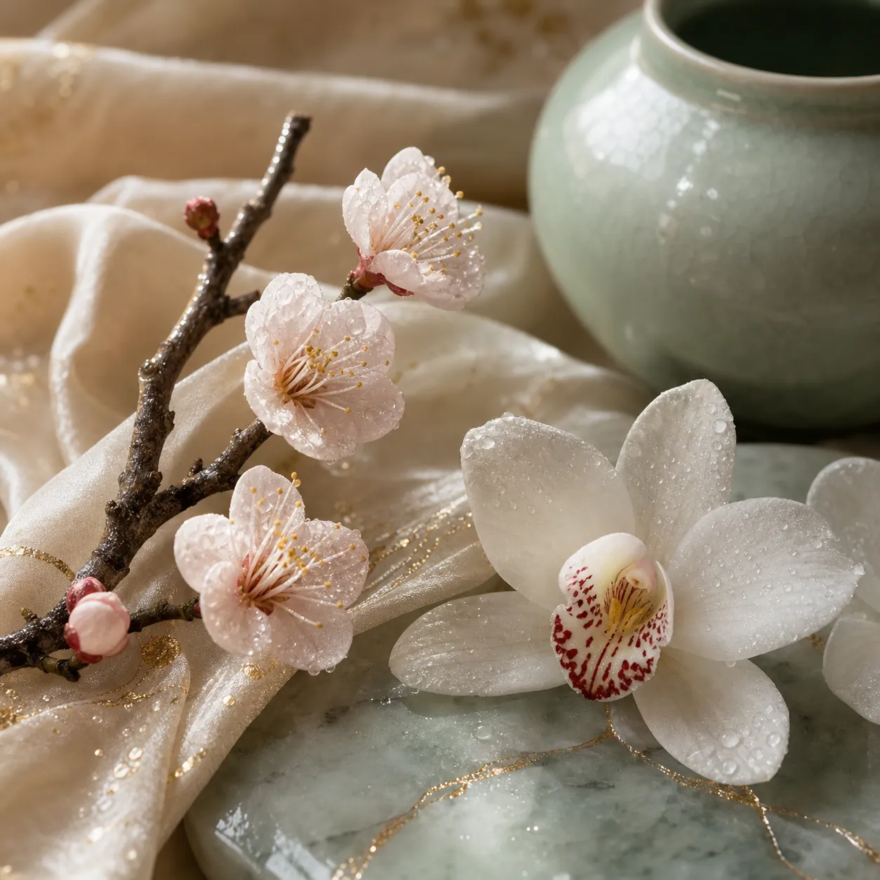 Plum blossom and white orchid beside jade ceramic