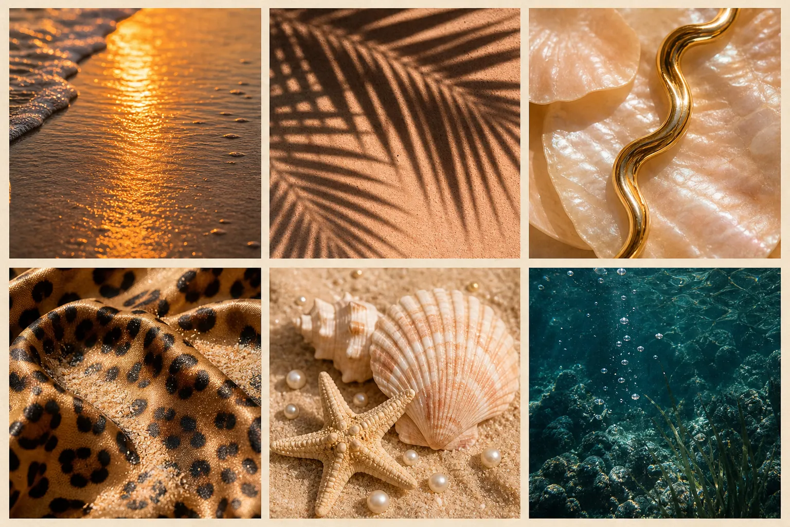 Six tactile inspiration images: sunset water, palm shadow, gold current on shell, leopard fabric, shells and pearls, and underwater reef.