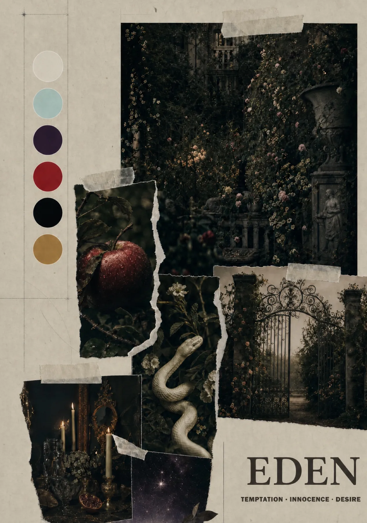 Eden mood collage with garden gate, apple, serpent, candles, color palette and torn paper textures