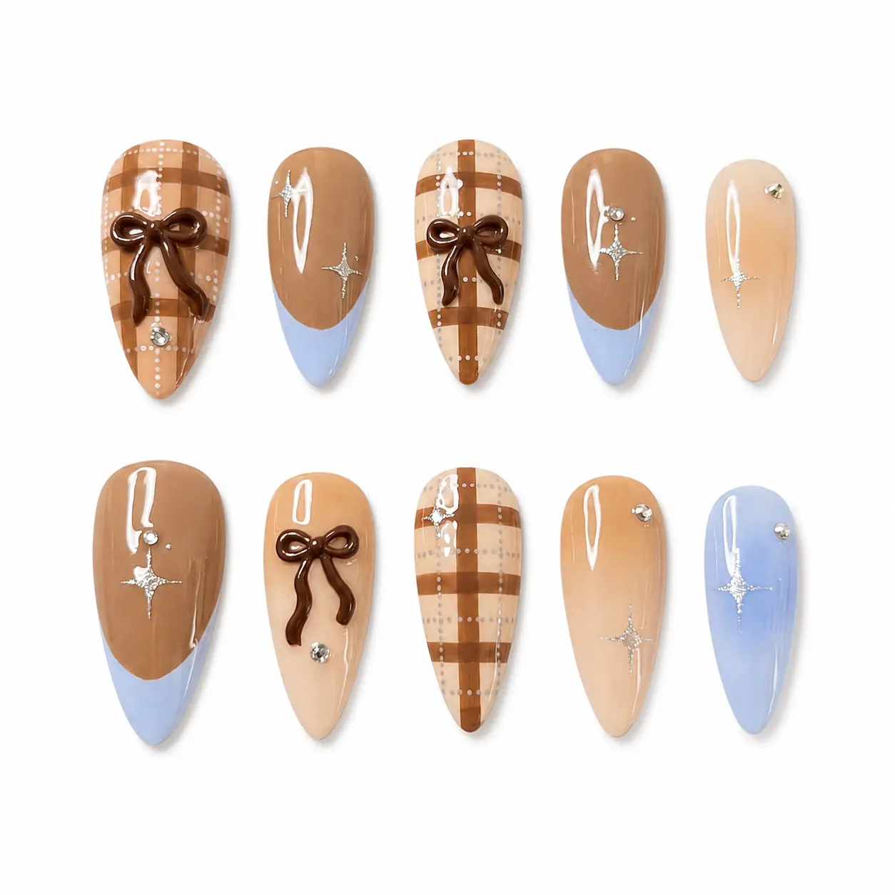 Finished Caramel Blue Plaid nail set