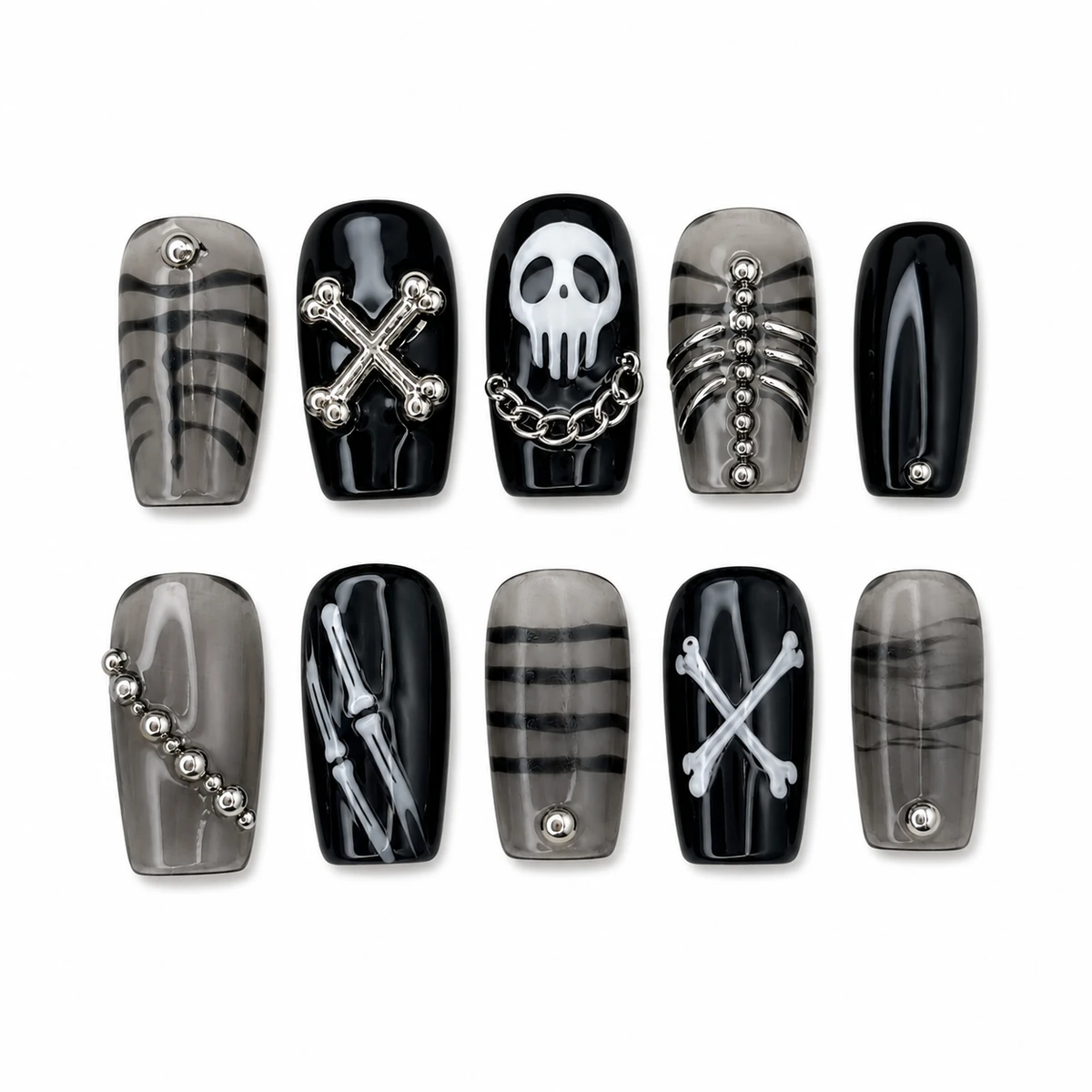 Smoke black and chrome skeleton press-on nails