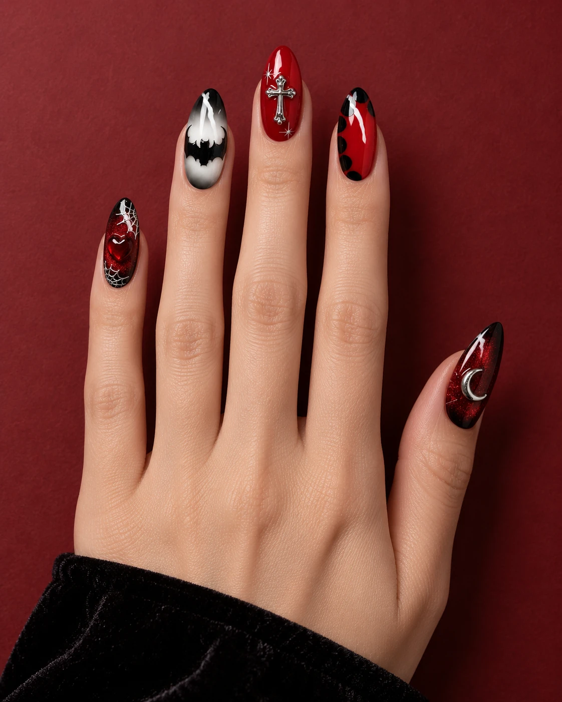 Model wearing the Blood Moon Chapel press-on nail set