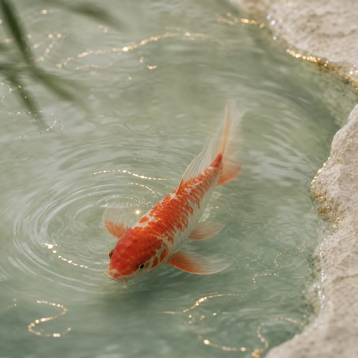 Koi fish moving through pale jade water