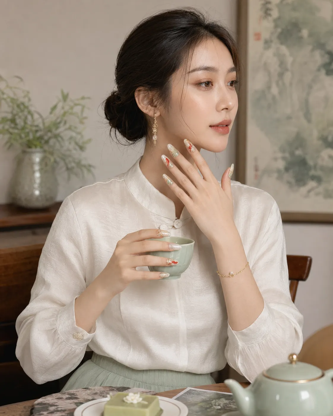 Model in white Chinese-style blouse holding a tea cup and wearing koi and jade-toned guofeng nails