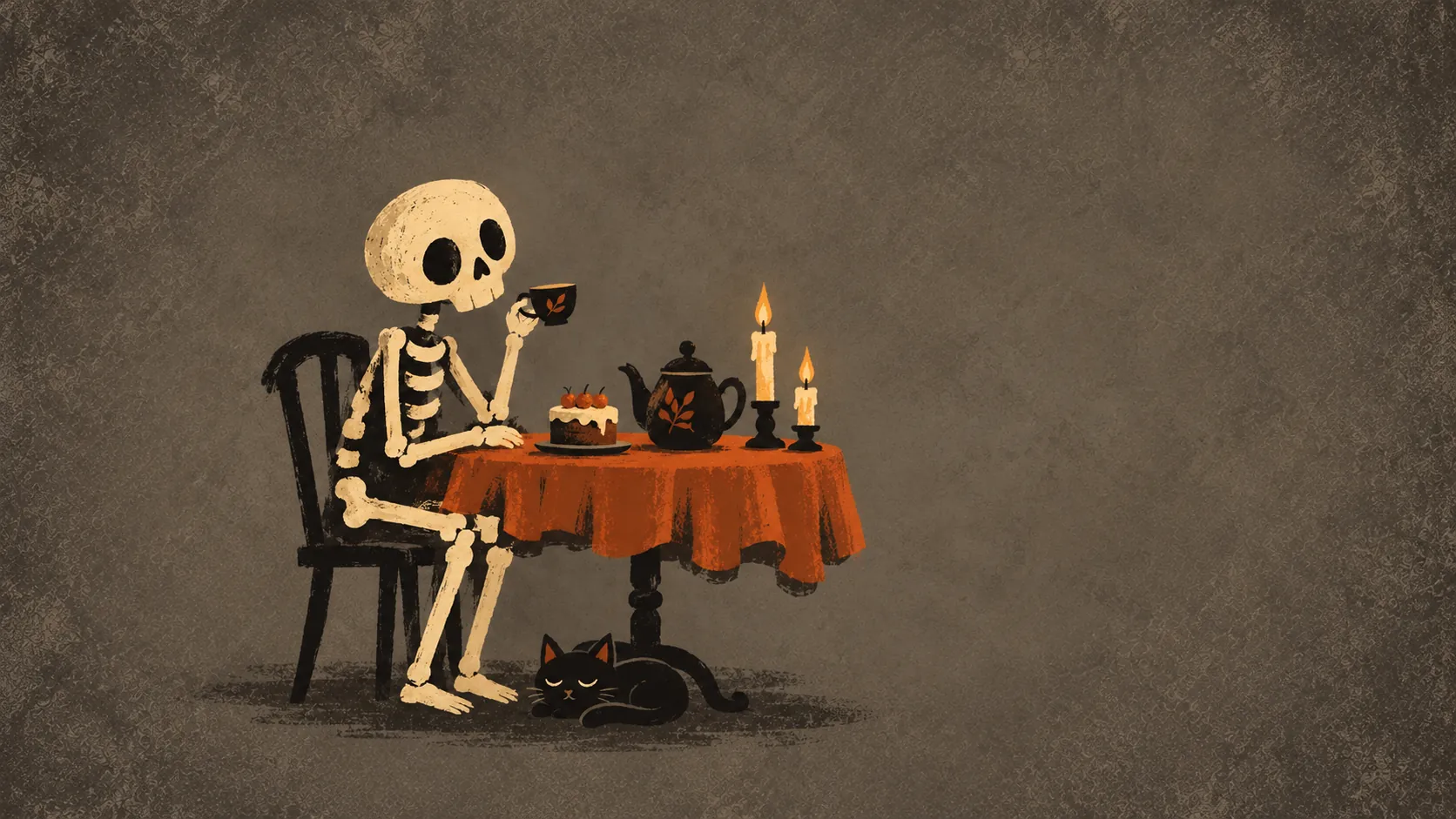 A skeleton drinks tea beside candlelight and an orange tablecloth, with a black cat sleeping underneath.