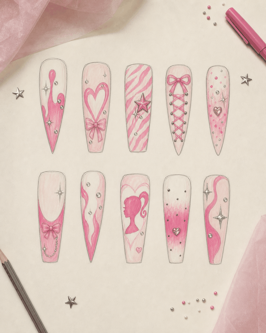 Ten hand-drawn pink nail design sketches with bows, hearts, stars, stripes, lacing and liquid curves