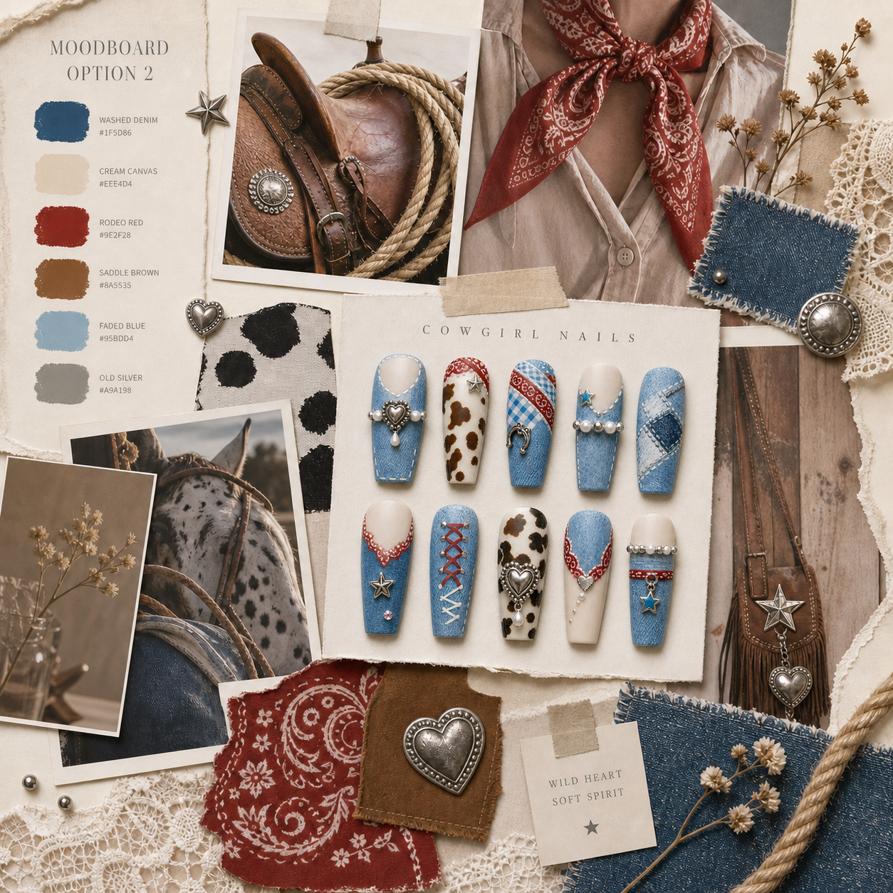 Sweet-cool western moodboard with denim, red bandana, saddle leather, cow print, lace, old silver charms and a cowgirl nail set.