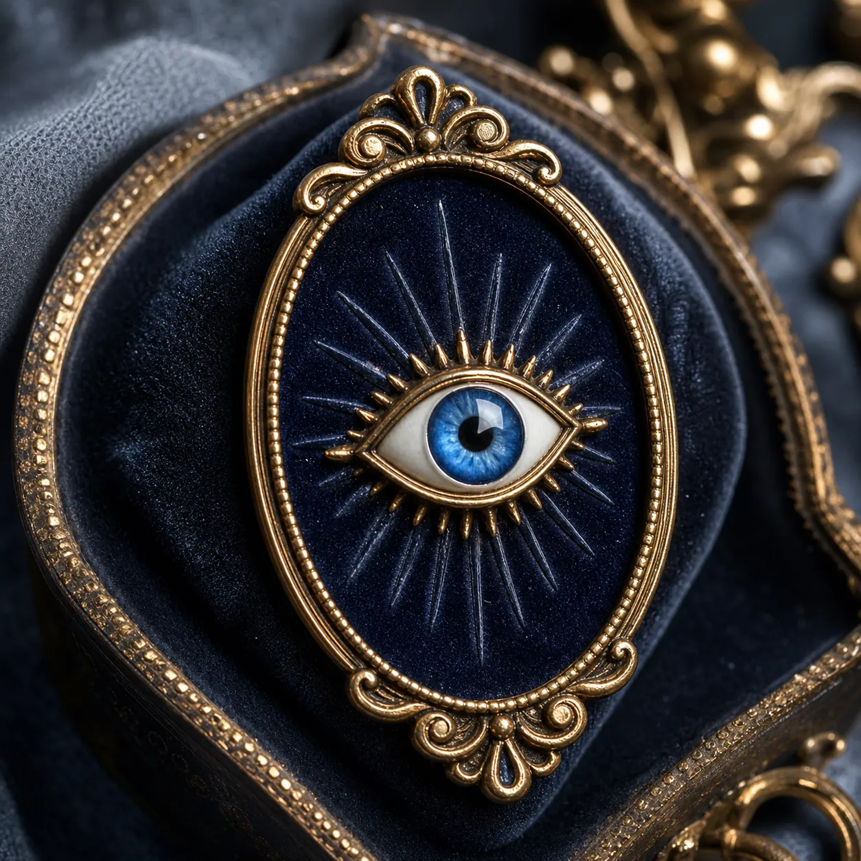 A blue glass eye amulet in an antique gold oval frame