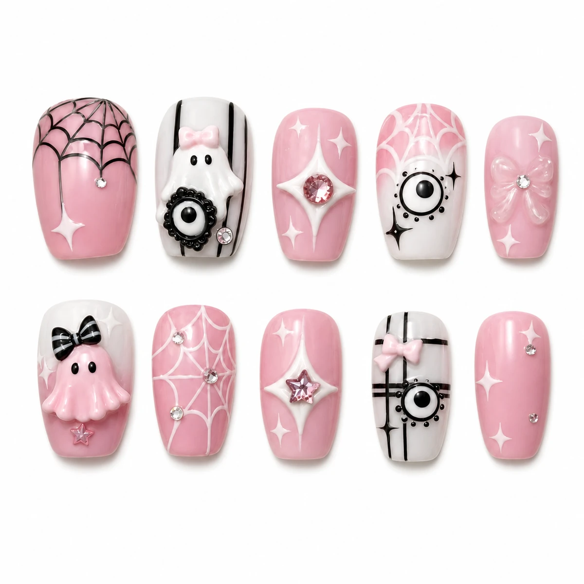 Pink Séance ghost and spiderweb press-on nail set