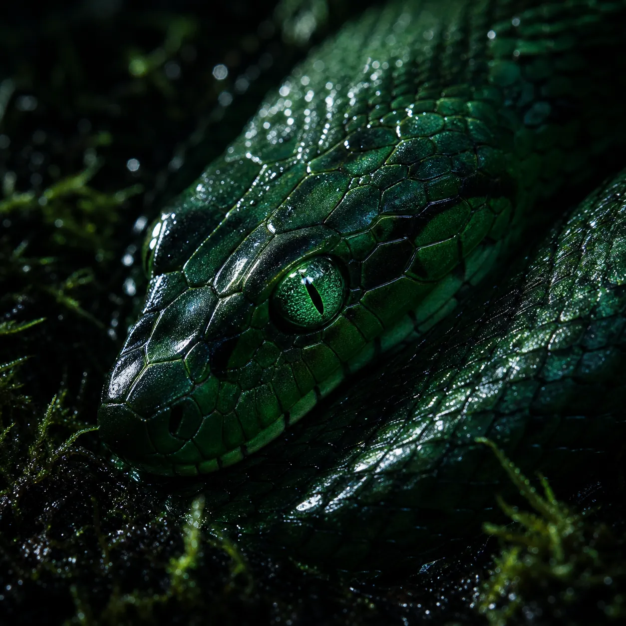 Green snake scales and eye close-up