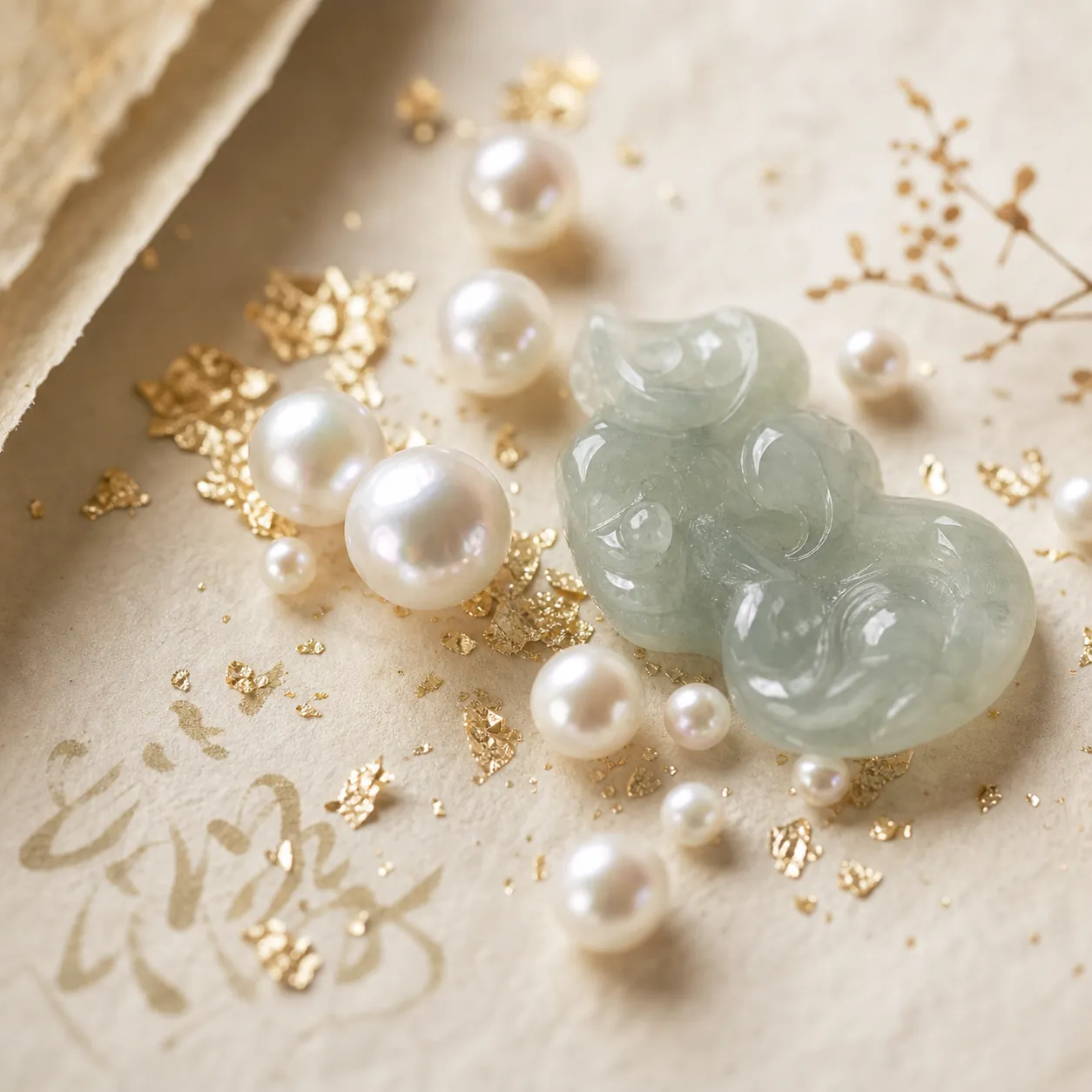 Freshwater pearls, pale jade, and gold flakes on warm paper