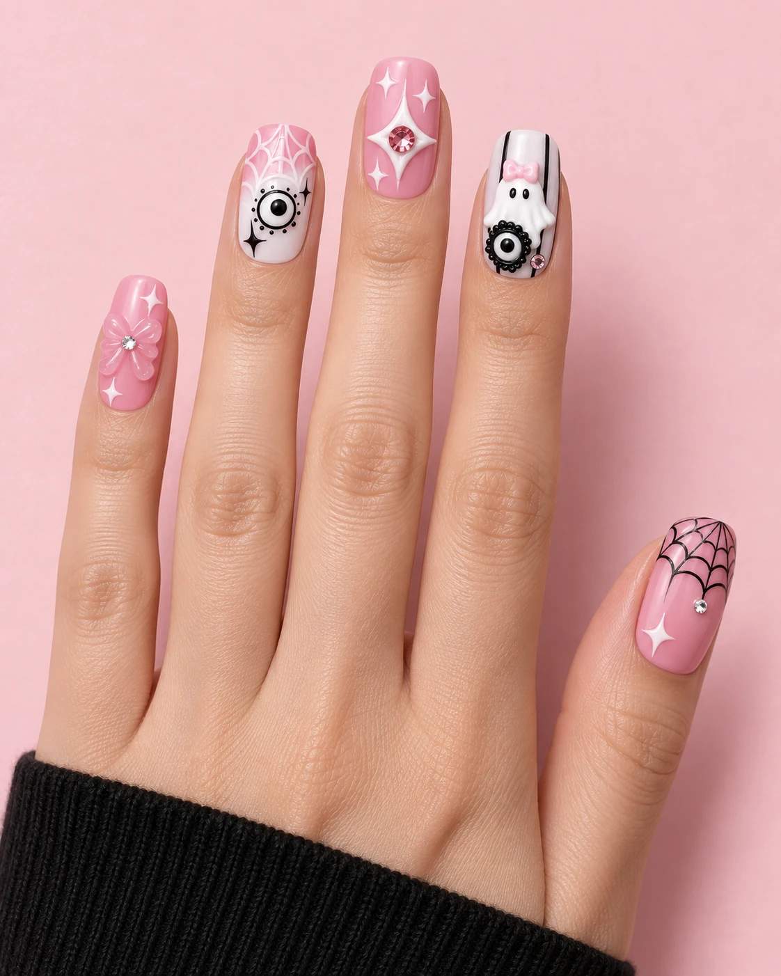 Model wearing the Pink Séance press-on nail set