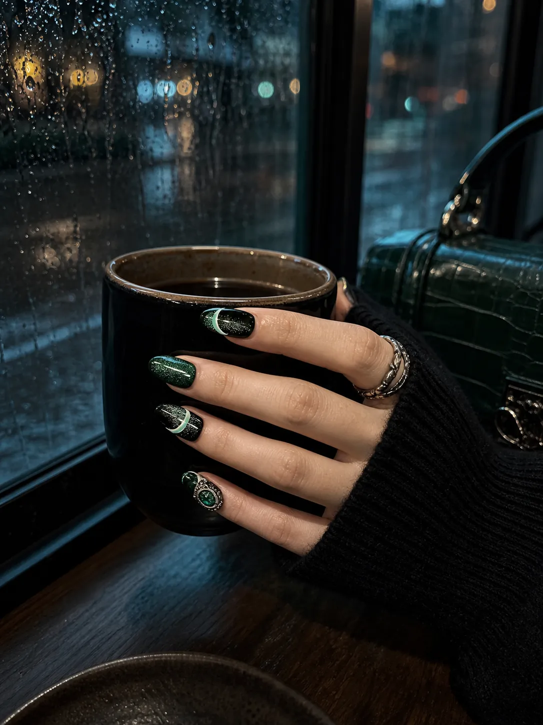 A hand wearing deep green crescent nails holds a black coffee cup in a rainy cafe
