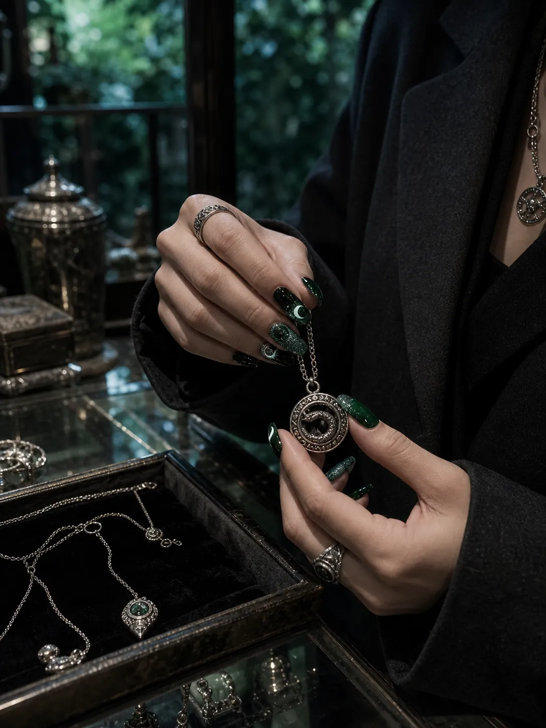 Hands wearing snake-themed nails adjust a silver necklace at an antique jewelry counter