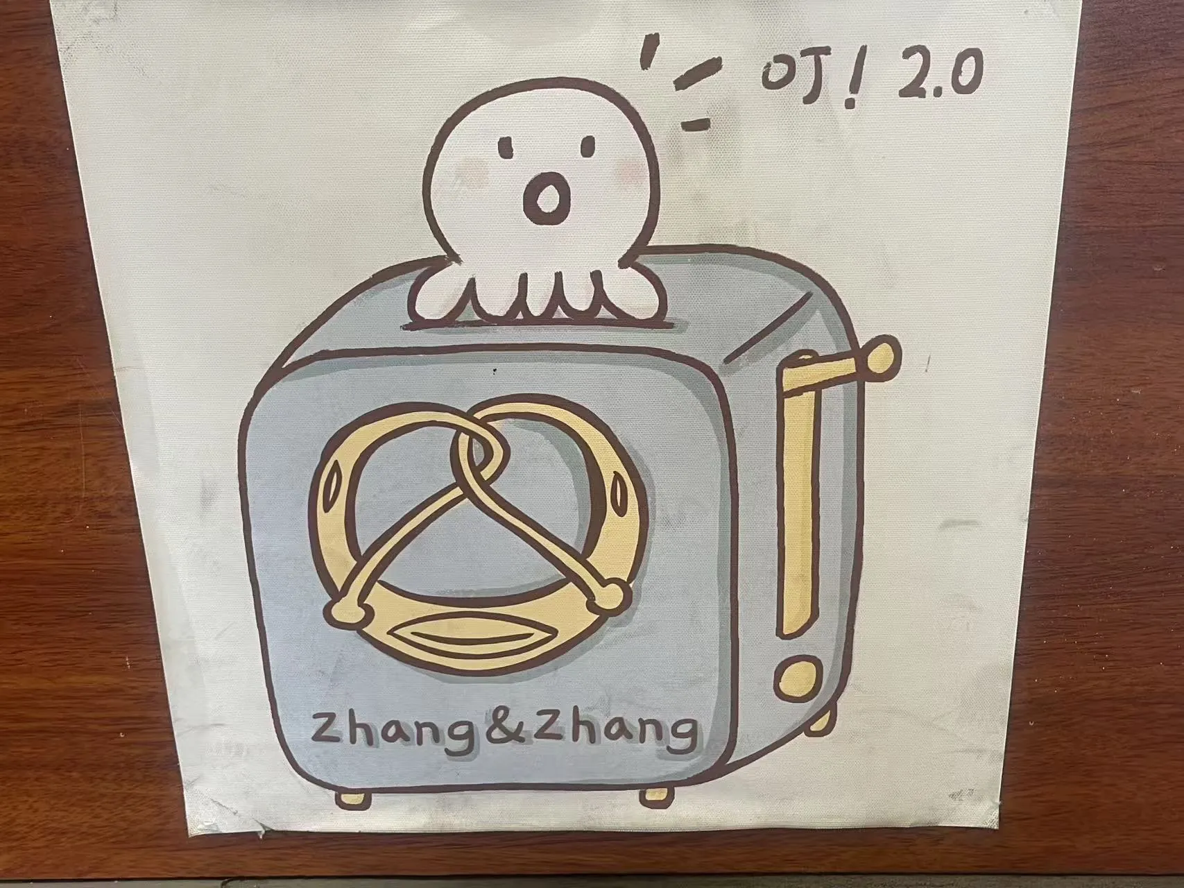 Hand-drawn toaster poster with a small ghost-like character