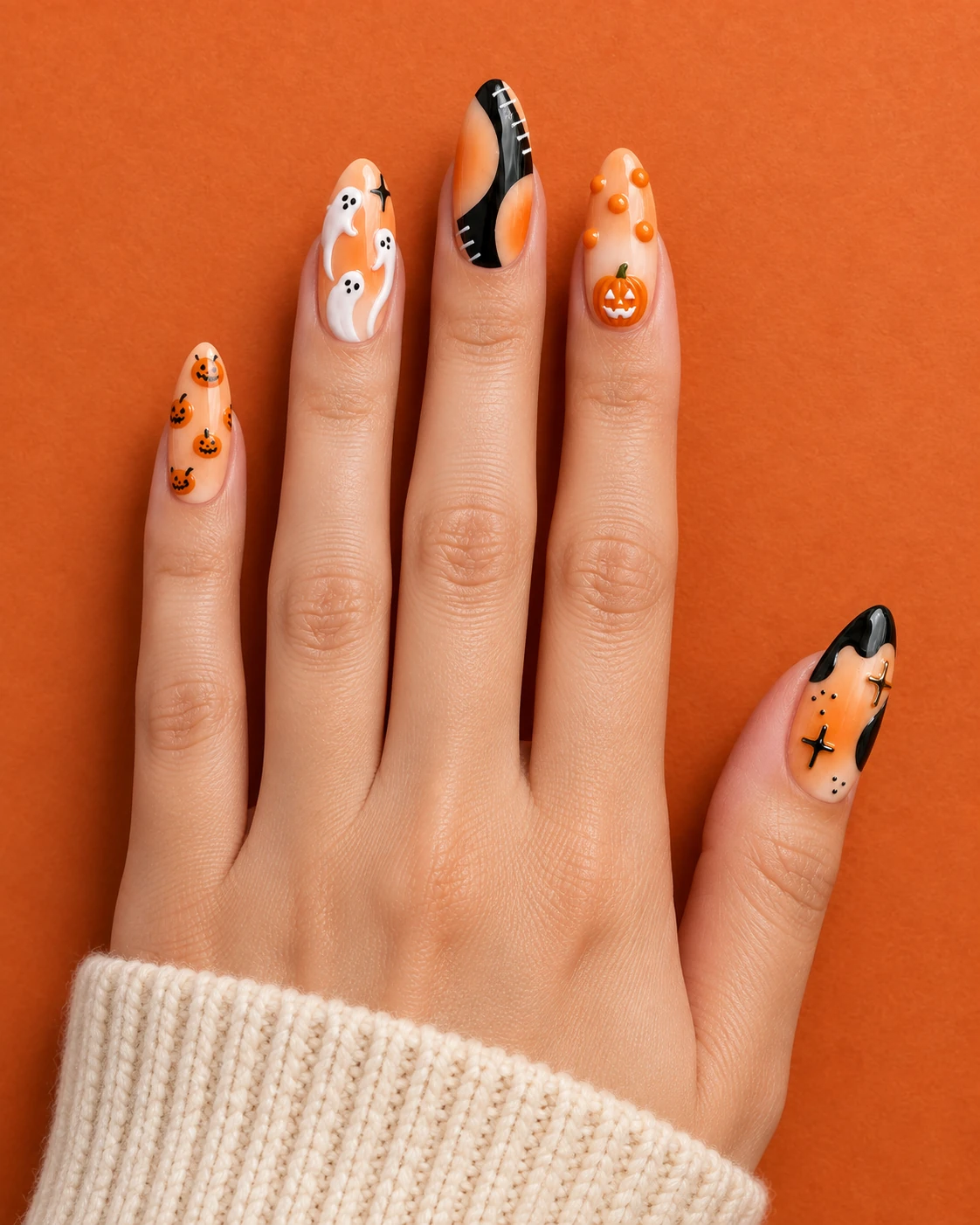 Model wearing the Ghosts at Golden Hour press-on nail set