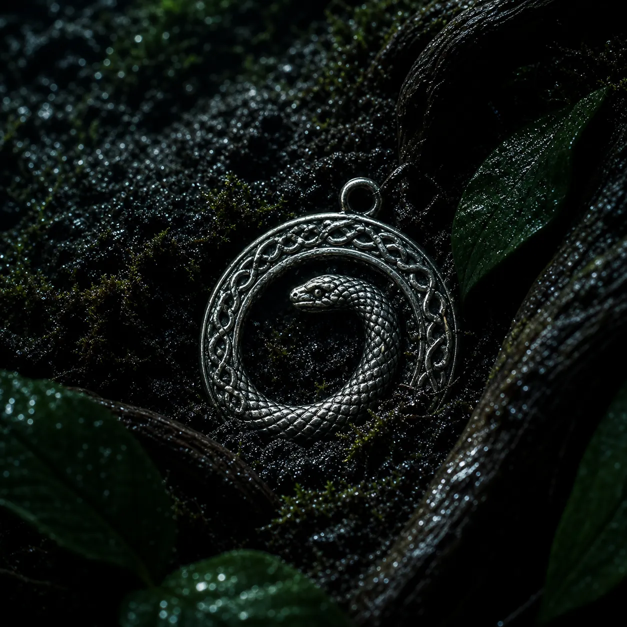 Silver serpent ring amulet on black moss