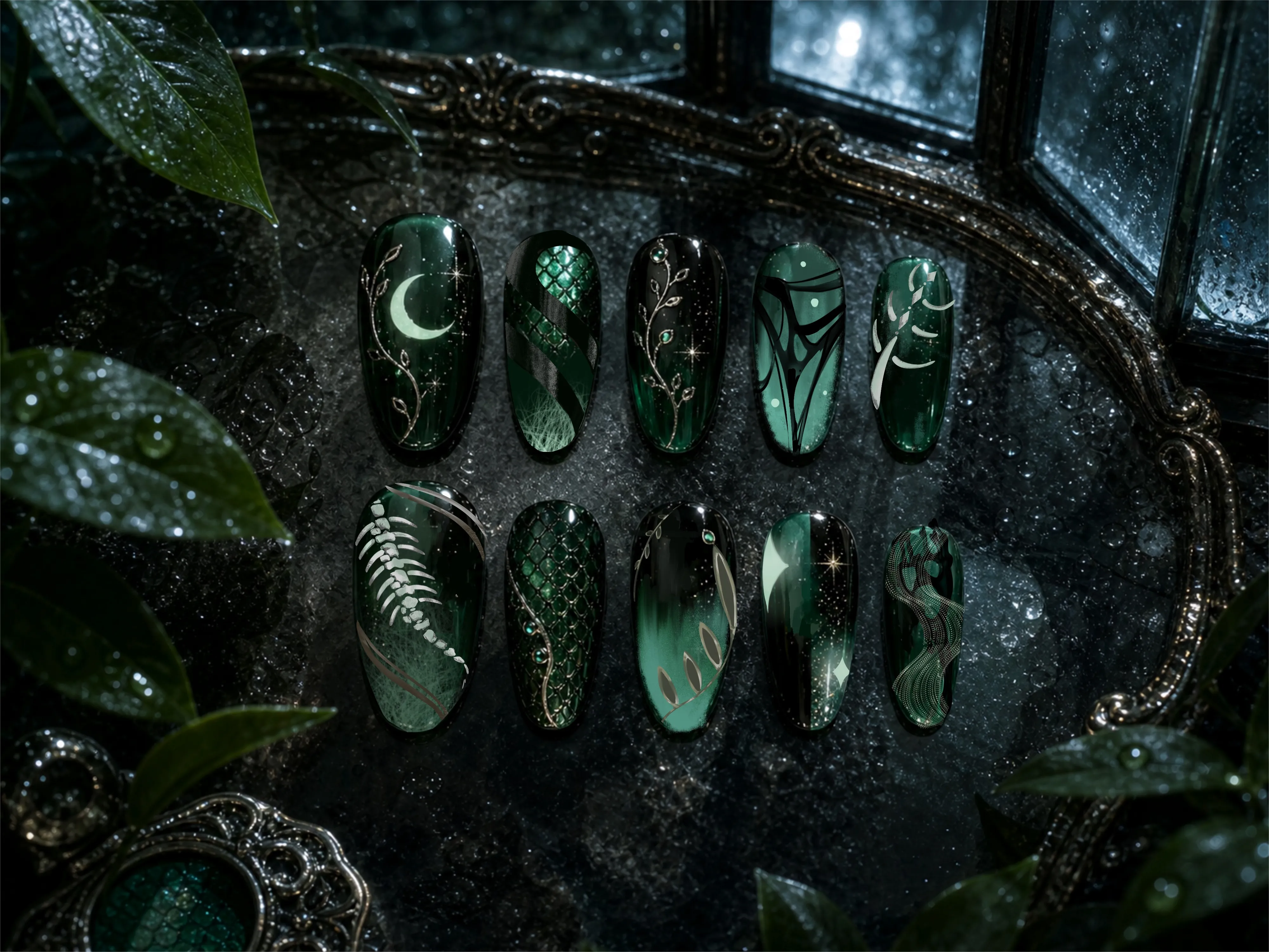 Moonlit Serpent dark emerald press-on nail set with crescent moons, silver vines, snake scales, and star details