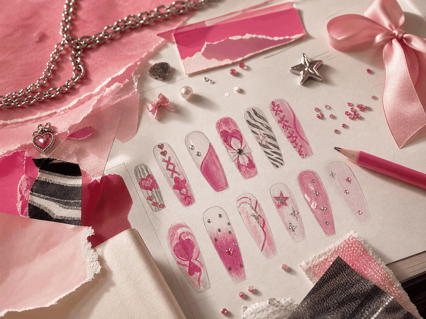 Designer inspiration desk with pink swatches, chain, satin bow, chrome star and nail sketches