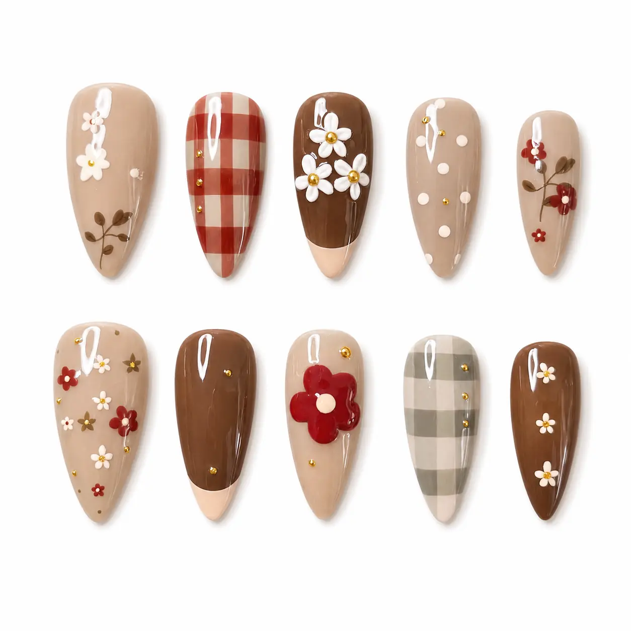 Berry and daisy nail details
