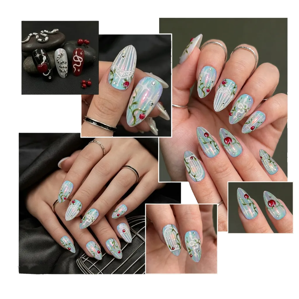 Eden press-on nail styling collage with hand details and finished nail set
