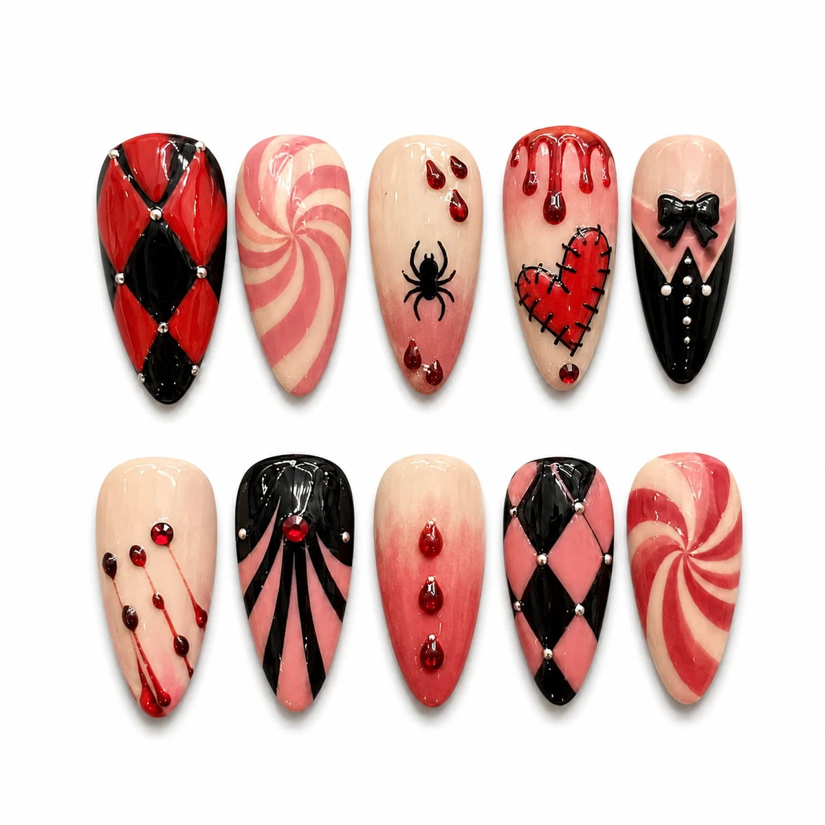 Velvet Candy Trap press-on nails with four selectable design details