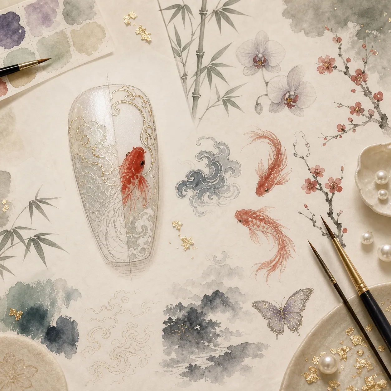 Design sheet with koi, bamboo, plum and orchid details, water curls, butterfly, gold foil, pearls, and one nail sketch