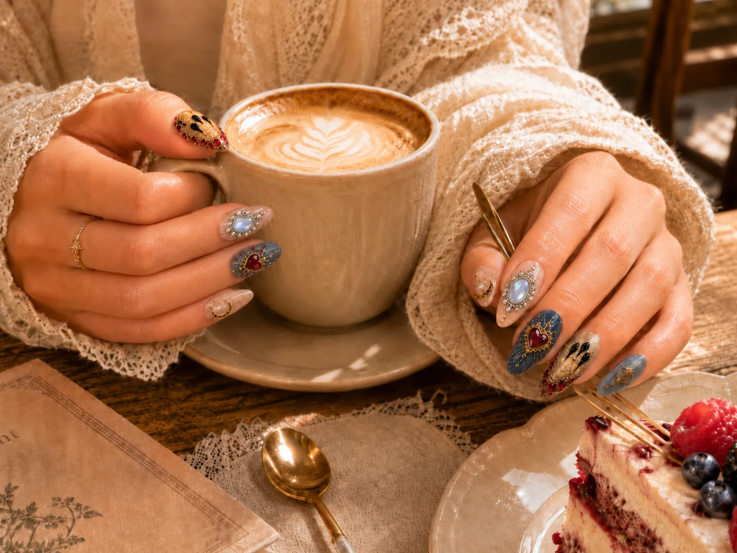 Hands wearing ornate baroque press-on nails while holding coffee in a warm cafe scene