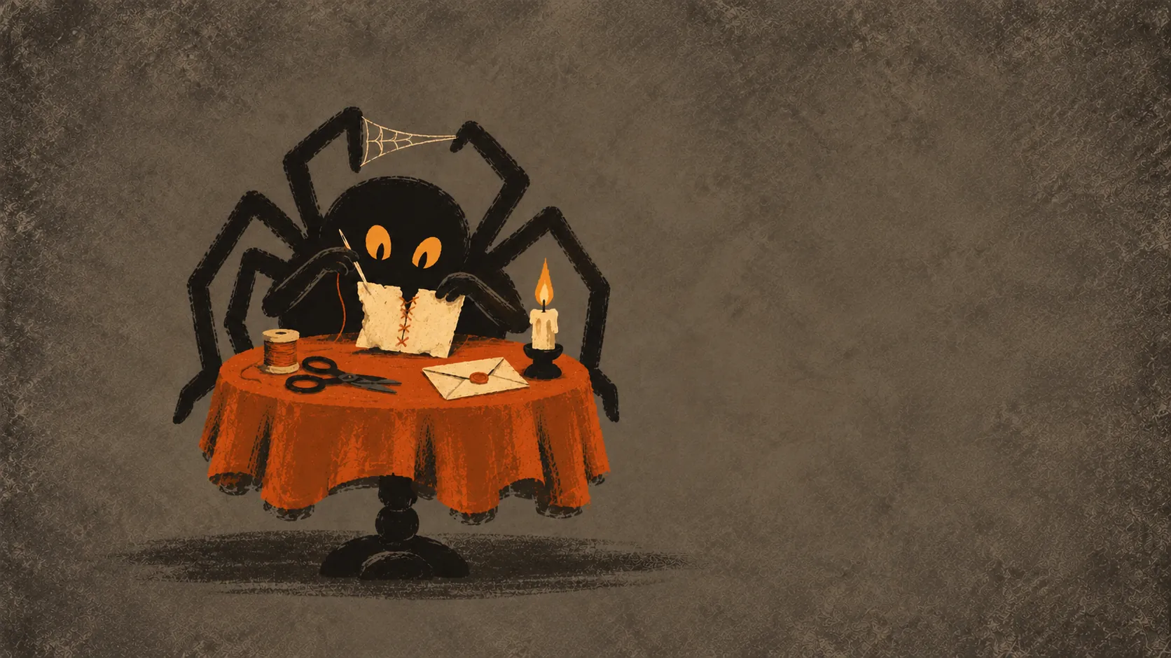 A black spider stitches cream fabric at an orange table with thread, scissors and a candle.