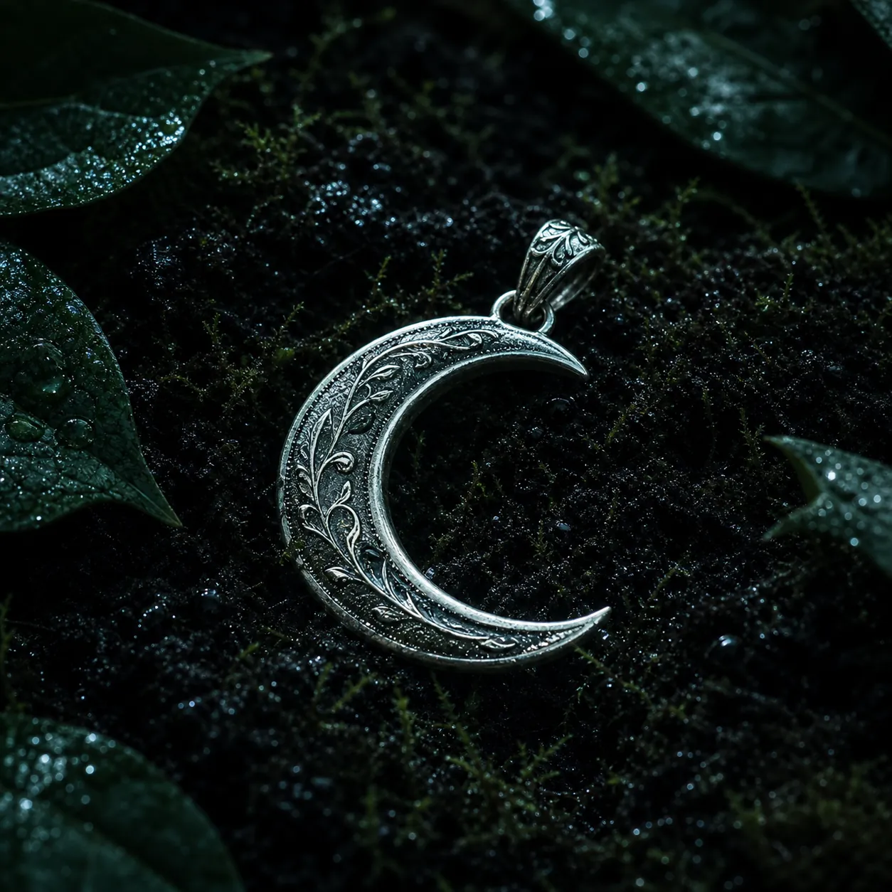 Silver crescent charm resting on moss