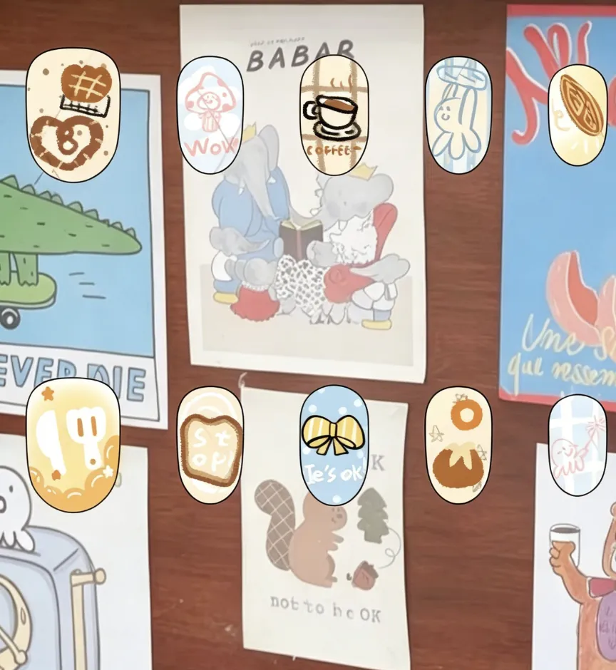 Bakery-inspired short round nail design sheet provided by Rosa