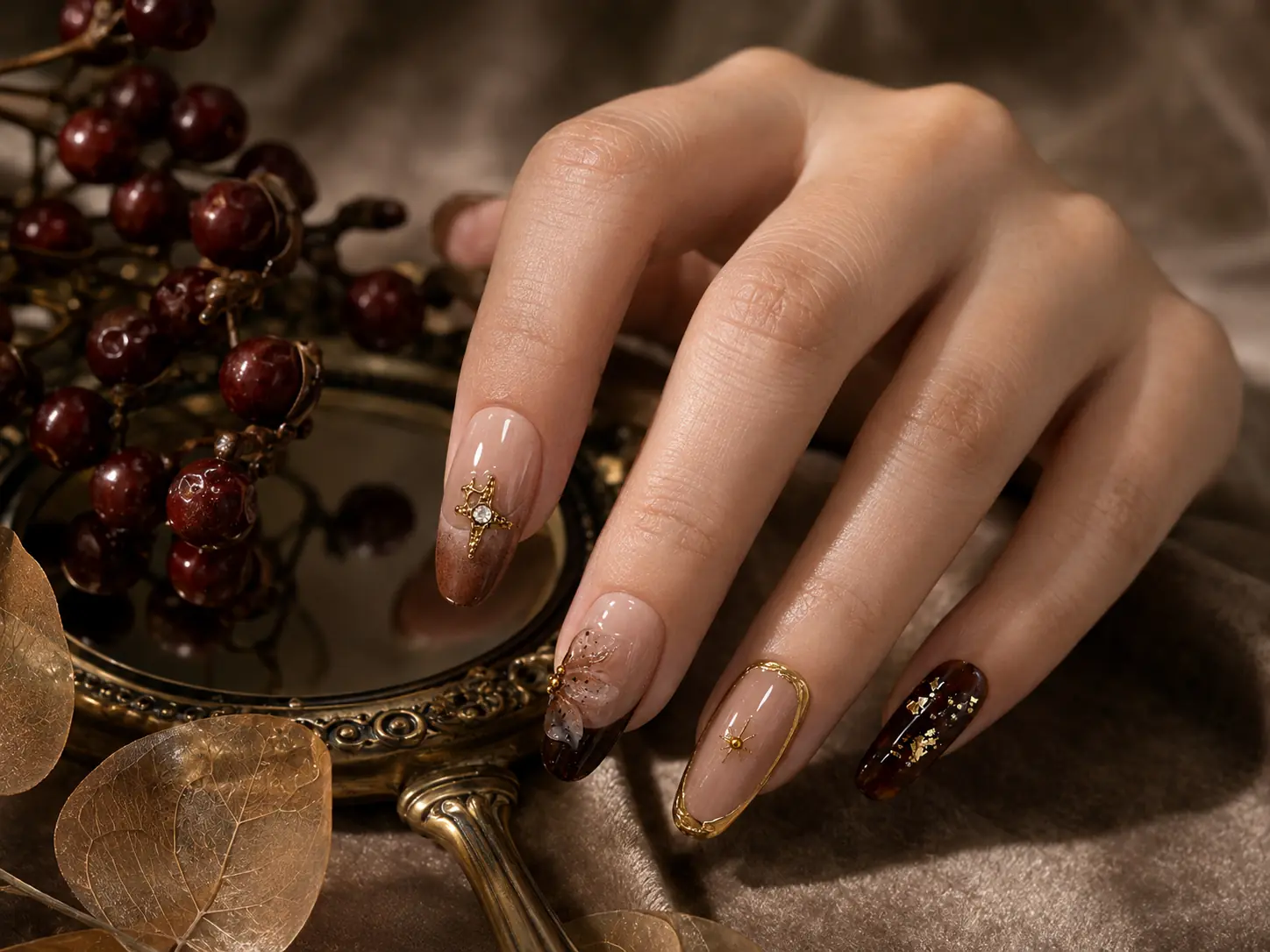 Autumn manicure model photograph: Butterfly at dusk
