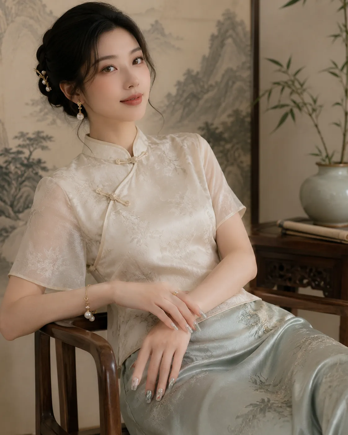 Model in ivory Chinese-style top and pale jade skirt wearing light guofeng press-on nails
