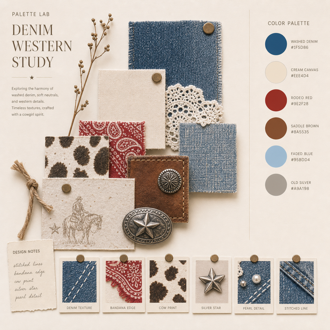 Denim western palette lab study with washed denim, cream canvas, rodeo red, saddle brown, faded blue, old silver and material detail cards.
