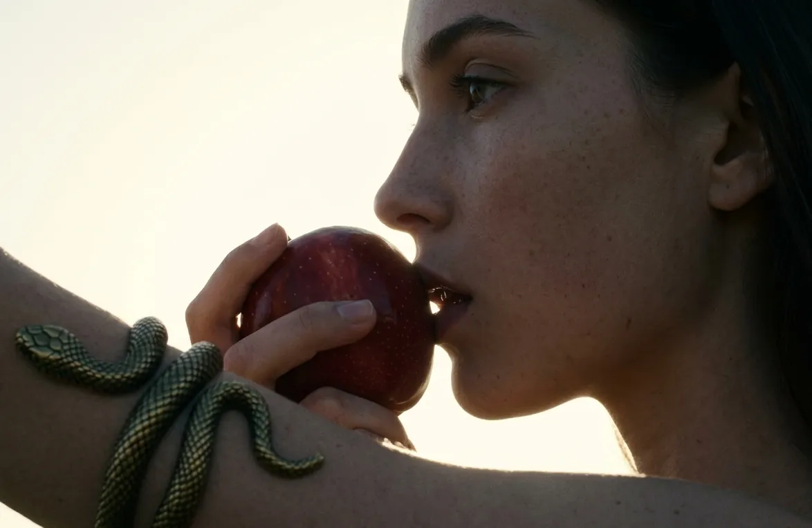 Woman holding a red apple with a serpent motif on her arm