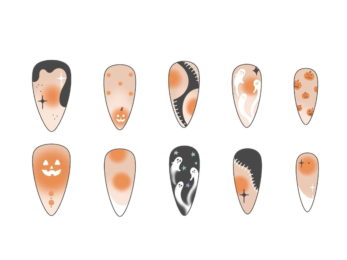 Designer sketch for an orange and black Halloween nail set with ghosts and pumpkins