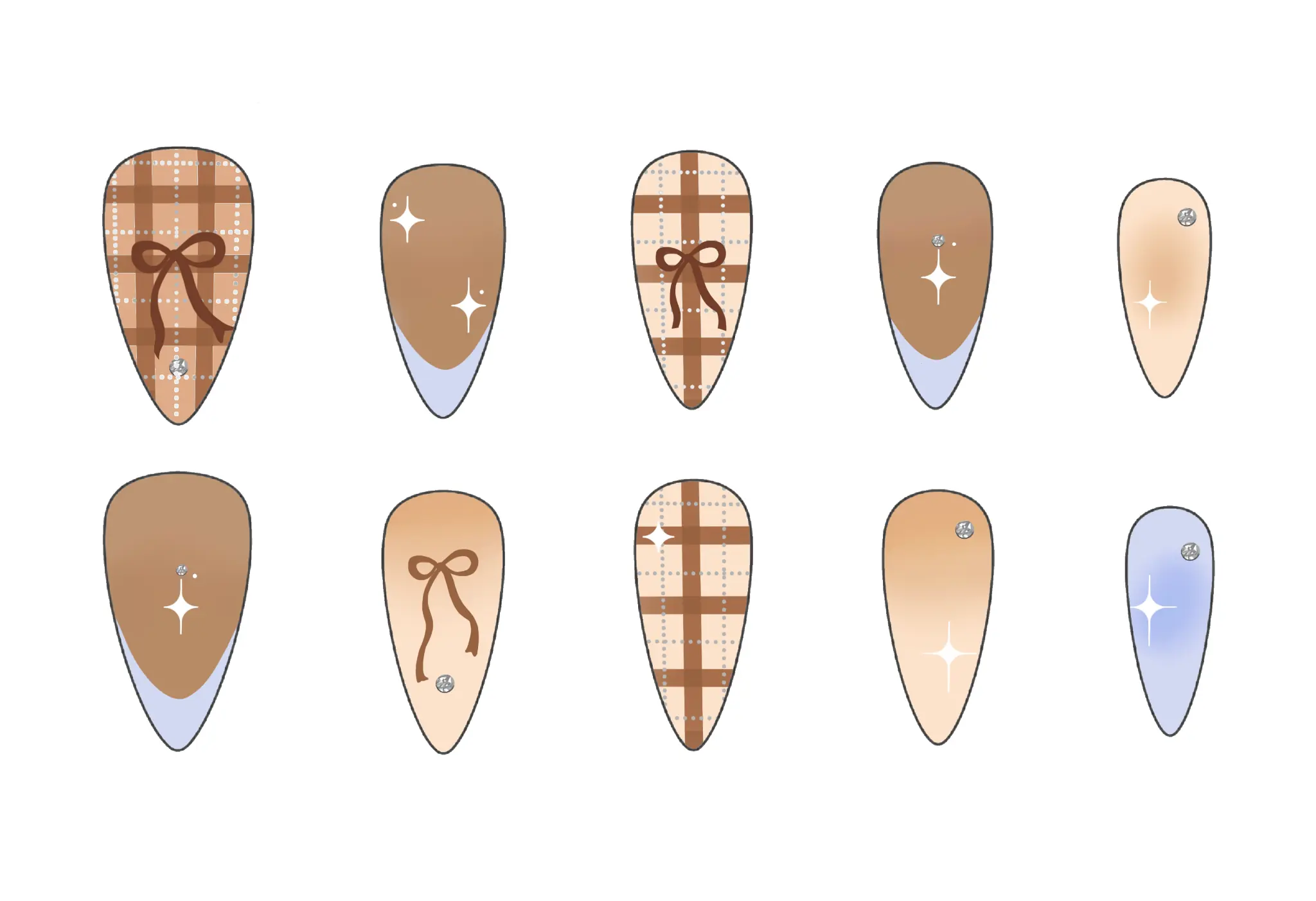 Design sketch for the Caramel Blue Plaid nail set