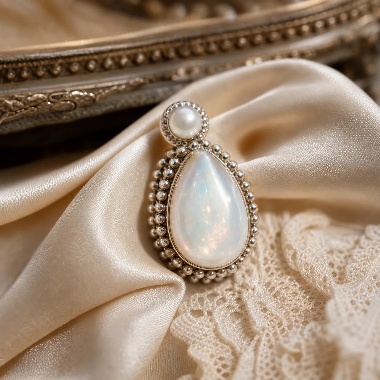 Opalescent pearl tear pendant on cream satin and lace